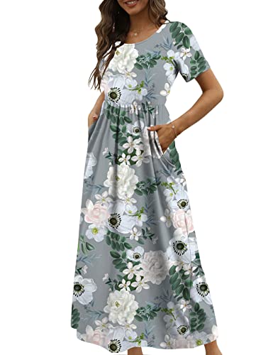 CHERFLY Damen Sommer Maxikleid Casual Elegant Freizeitkleid Kurze Ärmel mit Taschen (Floraler Grauer Lotus,S) von CHERFLY