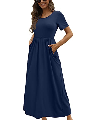 CHERFLY Damen Sommer Maxikleid Casual Elegant Freizeitkleid Kurze Ärmel mit Taschen (Navy Blau,L) von CHERFLY