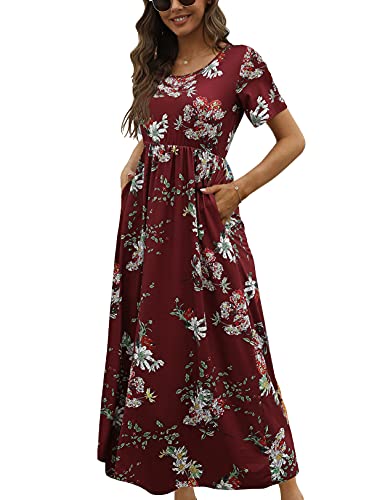 CHERFLY Damen Sommer Maxikleid Casual Elegant Freizeitkleid Kurze Ärmel mit Taschen (Rot mit Rot & Weiß,XXL) von CHERFLY