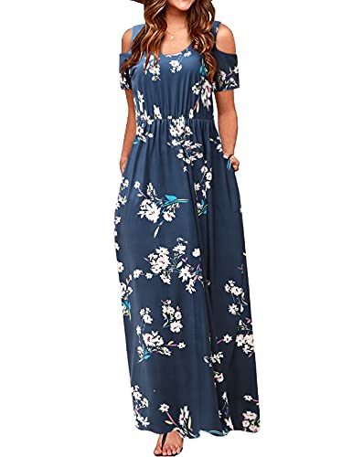 CHERFLY Damen Sommer Maxikleid Casual Schulterfrei Freizeit Strandkleider mit Taschen (Blumen Navy Weiß,L) von CHERFLY