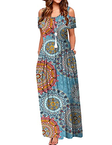 CHERFLY Damen Sommer Maxikleid Casual Schulterfrei Freizeit Strandkleider mit Taschen (Floral Mix Blau,M) von CHERFLY