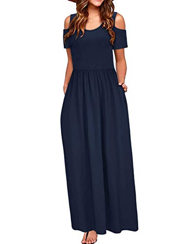 CHERFLY Damen Sommer Maxikleid Casual Schulterfrei Freizeit Strandkleider mit Taschen (Navy Blau,S) von CHERFLY