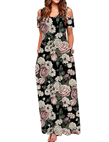 CHERFLY Damen Sommer Maxikleid Casual Schulterfrei Freizeit Strandkleider mit Taschen (Rose auf Schwarz,L) von CHERFLY