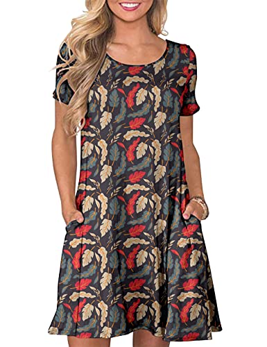 CHERFLY Damen Sommer T-Shirtkleid Casual Freizeitkleid Kurzärmliges Minikleid mit Taschen (Ahornblatt Schwarz,L) von CHERFLY