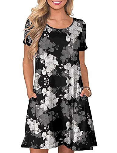 CHERFLY Damen Sommer T-Shirtkleid Casual Freizeitkleid Kurzärmliges Minikleid mit Taschen (Blumen mit Tinte,L) von CHERFLY