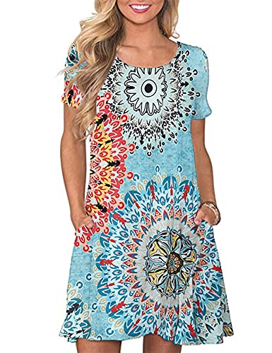 CHERFLY Damen Sommer T-Shirtkleid Casual Freizeitkleid Kurzärmliges Minikleid mit Taschen (Floral Mix Blau,M) von CHERFLY