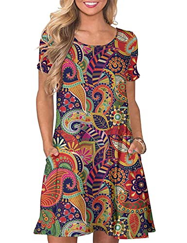 CHERFLY Damen Sommer T-Shirtkleid Casual Freizeitkleid Kurzärmliges Minikleid mit Taschen (Floral Muticolor,M) von CHERFLY