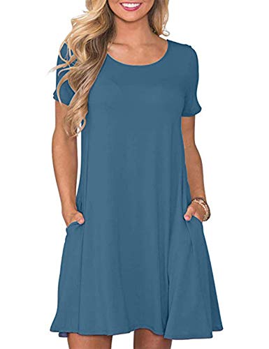 CHERFLY Damen Sommer T-Shirtkleid Casual Freizeitkleid Kurzärmliges Minikleid mit Taschen (Grau Blau,XL) von CHERFLY