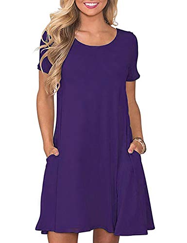 CHERFLY Damen Sommer T-Shirtkleid Casual Freizeitkleid Kurzärmliges Minikleid mit Taschen (Lila,M) von CHERFLY