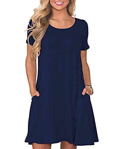 CHERFLY Damen Sommer T-Shirtkleid Casual Freizeitkleid Kurzärmliges Minikleid mit Taschen (Navy Blau,XXL) von CHERFLY