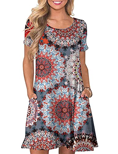 CHERFLY Damen Sommer T-Shirtkleid Casual Freizeitkleid Kurzärmliges Minikleid mit Taschen (Rosa Grau,L) von CHERFLY