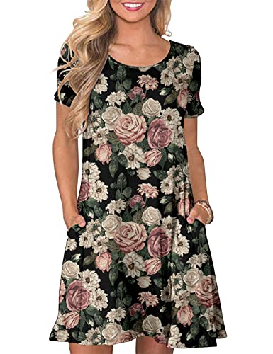 CHERFLY Damen Sommer T-Shirtkleid Casual Freizeitkleid Kurzärmliges Minikleid mit Taschen (Rose auf Schwarz,S) von CHERFLY