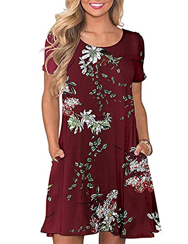 CHERFLY Damen Sommer T-Shirtkleid Casual Freizeitkleid Kurzärmliges Minikleid mit Taschen (Rot mit Rot & Weiß,L) von CHERFLY