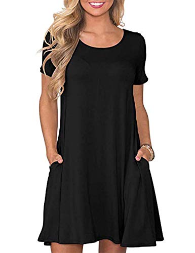 CHERFLY Damen Sommer T-Shirtkleid Casual Freizeitkleid Kurzärmliges Minikleid mit Taschen (Schwarz,L) von CHERFLY