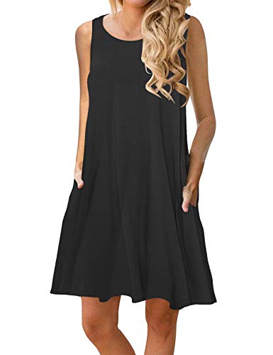 CHERFLY Damen Sommerkleid Casual Kurzes Freizeitkleid Ärmelloses Strandkleid mit Taschen (Schwarz,XL) von CHERFLY