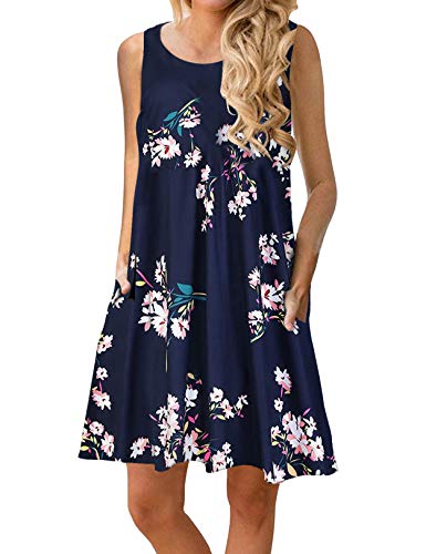 CHERFLY Damen Sommerkleid Casual Kurzes Freizeitkleid Ärmelloses Strandkleid mit Taschen (Blumen auf Schwarzblau,L) von CHERFLY