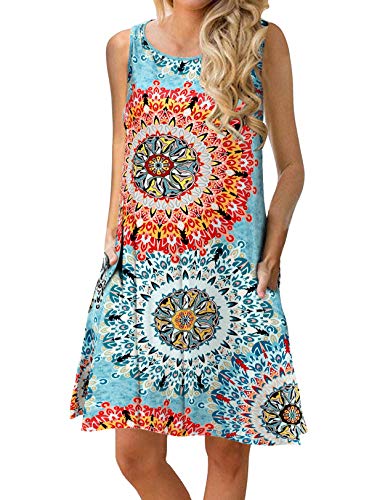 CHERFLY Damen Sommerkleid Casual Kurzes Freizeitkleid Ärmelloses Strandkleid mit Taschen (Floral Mix Blau,L) von CHERFLY