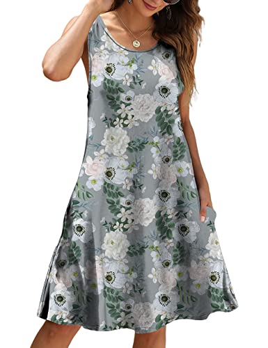 CHERFLY Damen Sommerkleid Casual Kurzes Freizeitkleid Ärmelloses Strandkleid mit Taschen (Floraler Grauer Lotus,L) von CHERFLY