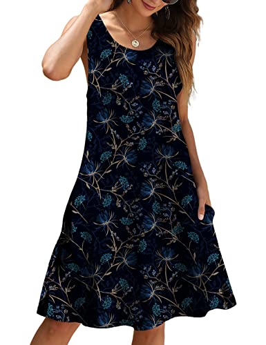 CHERFLY Damen Sommerkleid Casual Kurzes Freizeitkleid Ärmelloses Strandkleid mit Taschen (Floraler Schwarzwald,L) von CHERFLY