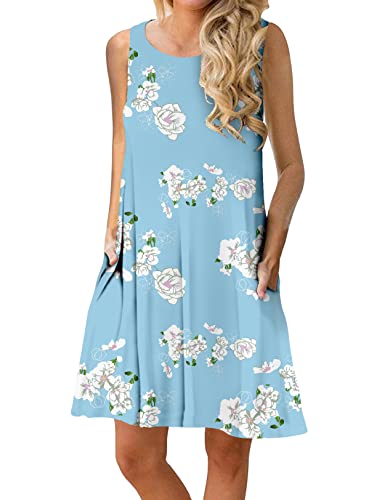 CHERFLY Damen Sommerkleid Casual Kurzes Freizeitkleid Ärmelloses Strandkleid mit Taschen (Hellblau mit Weiß,L) von CHERFLY