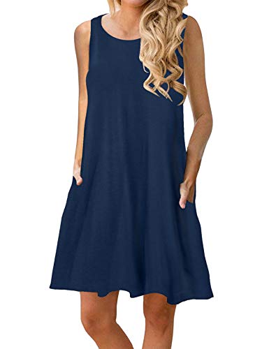 CHERFLY Damen Sommerkleid Casual Kurzes Freizeitkleid Ärmelloses Strandkleid mit Taschen (Navy Blau,S) von CHERFLY