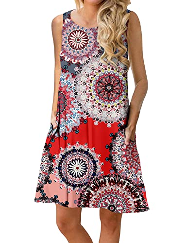 CHERFLY Damen Sommerkleid Casual Kurzes Freizeitkleid Ärmelloses Strandkleid mit Taschen (Rosa Grau,L) von CHERFLY