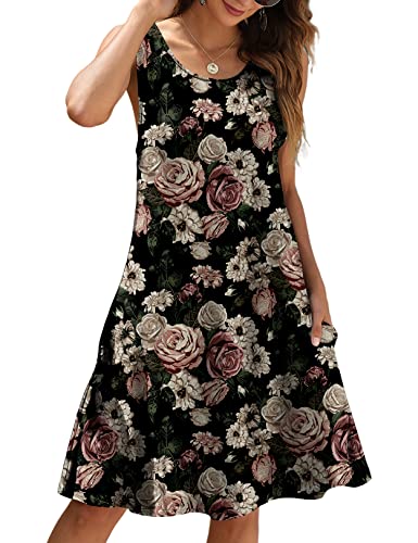 CHERFLY Damen Sommerkleid Casual Kurzes Freizeitkleid Ärmelloses Strandkleid mit Taschen (Rose auf Schwarz,L) von CHERFLY