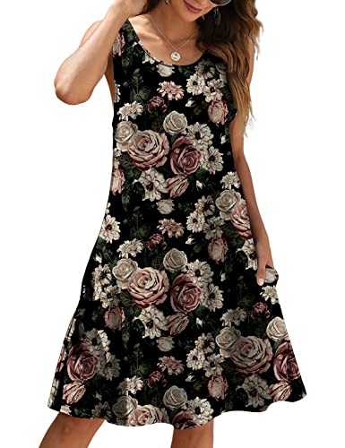 CHERFLY Damen Sommerkleid Casual Kurzes Freizeitkleid Ärmelloses Strandkleid mit Taschen (Rose auf Schwarz,XL) von CHERFLY