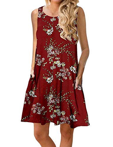 CHERFLY Damen Sommerkleid Casual Kurzes Freizeitkleid Ärmelloses Strandkleid mit Taschen (Rot mit Rot & Weiß,M) von CHERFLY