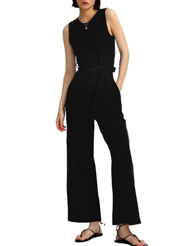 CHERFLY Jumpsuit Damen Elegant Sommer Overall Damen Festlich Hochzeit Hosenanzug Ärmellos Rundhals Weites Bein Hose mit Verstellbarem Taillengürtel Reißverschluss Hinten & Taschen(Schwarz,L) von CHERFLY
