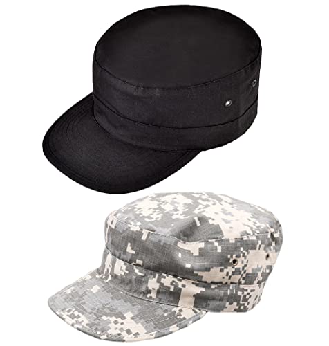 CHERISH 2 Stück Unisex Army Hut Flat Top Cap Adjustable Camo Cadet Cap Flat Top Baseball Cap, Schwarz + ACU, One size von CHERISH