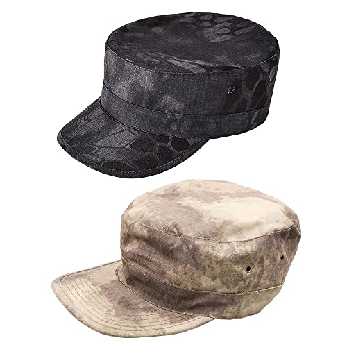 CHERISH 2 Stück Unisex Army Hut Flat Top Cap Adjustable Camo Cadet Cap Flat Top Baseball Cap, Schwarzes Pythonmuster + AU, One size von CHERISH