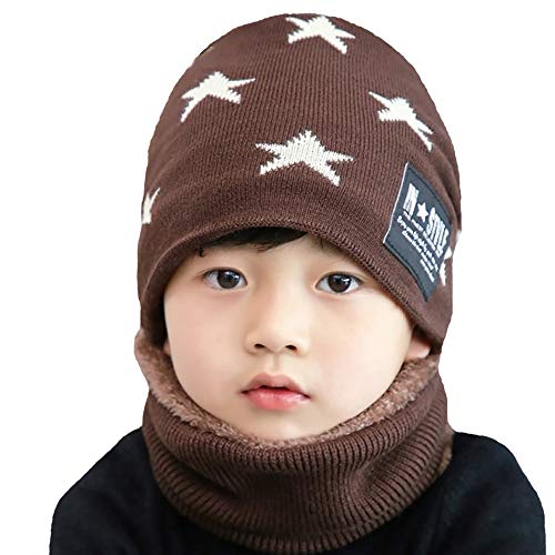 CHERISH Kinder Winter Strickmütze, Kinder Beanie Mützen & Schal Set Warm Skull Plüsch Futter Cap für 5-8 Jahre alt Jungen, braun, One size von CHERISH