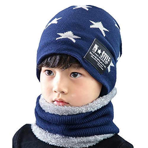 CHERISH Kinder Winter Strickmütze Kinder Beanie Mützen & Schal Set Warm Skull Plüsch Futter Cap für 5-8 Jahre alte Jungen, blau, One size von CHERISH
