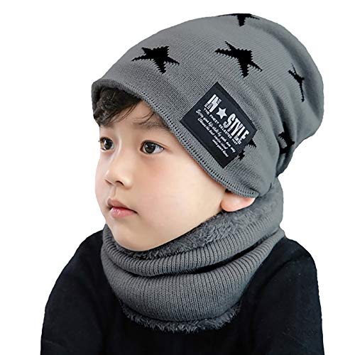 CHERISH Kinder Winter Strickmütze, Kinder Beanie Mützen & Schal Set Warm Skull Plüsch Futter Cap für 5-8 Jahre alt Jungen, dunkelgrau, One size von CHERISH