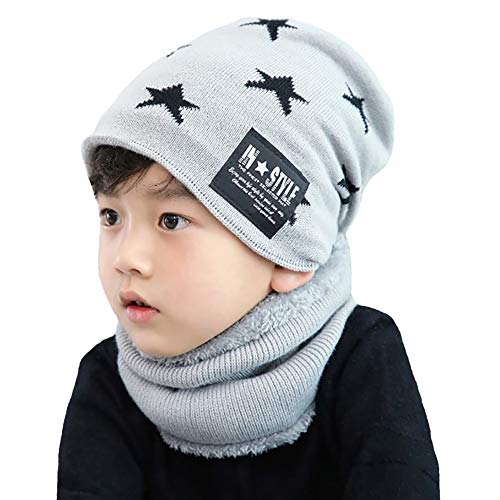 CHERISH Kinder Winter Strickmütze, Kinder Beanie Mützen & Schal Set Warm Skull Plüsch Futter Cap für 5-8 Jahre alt Jungen, hellgrau, One size von CHERISH