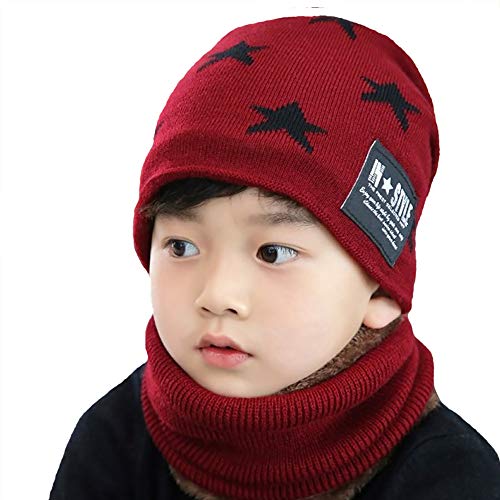 CHERISH Kinder Winter Strickmütze, Kinder Beanie Mützen & Schal Set Warm Skull Plüsch Futter Cap für 5-8 Jahre alt Jungen, rot, One size von CHERISH