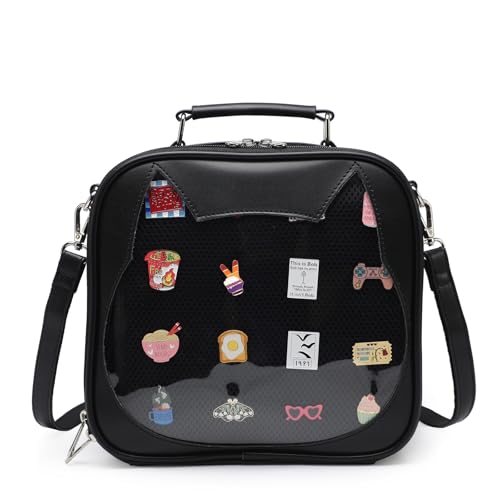 CHERRY SAUCE Cat Ita Bag Crossbody Bag Umhängetasche Rucksack Satchel Kawaii Geldbörse mit Pin Display, Update/Schwarz von CHERRY SAUCE