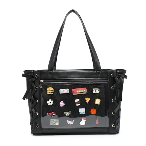 CHERRY SAUCE Seidenband-Tragetasche, Ita-Tasche, Schultertasche, Kunstleder, Kawaii-Geldbörsen und Handtaschen mit Anstecknadel-Display, Schwarz von CHERRY SAUCE