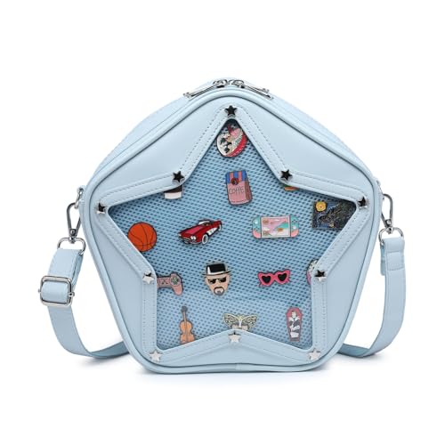 CHERRY SAUCE Kawaii Star Ita Bag Y2k Umhängetasche aus PU-Leder mit niedlichem Anstecknadel, Blau von CHERRY SAUCE