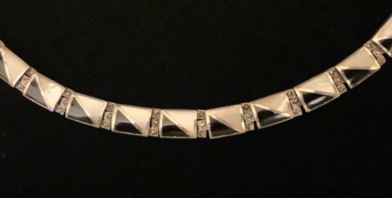 Schwarzes Onyx Und Perlmutt Inlay Sterling Silber Markasite Schweres Armband Mit Karabinerverschluss von CHERYLSVINTAGEJEWELS