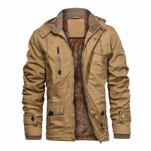 CHEXPEL Herren Dicke Winterjacken mit Kapuze Fleece Futter Baumwolle Militärjacken Arbeitsjacken mit Cargotaschen - Beige - Groß von CHEXPEL