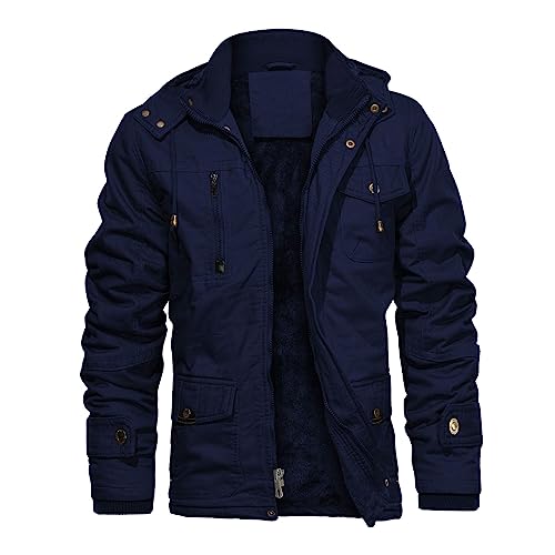 CHEXPEL Herren Dicke Winterjacken mit Kapuze Fleece Futter Baumwolle Militärjacken Arbeitsjacken mit Cargotaschen - Blau - X-Groß von CHEXPEL
