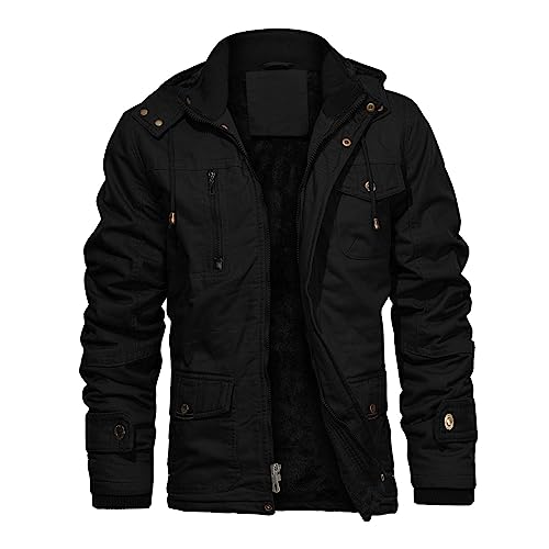 CHEXPEL Herren Dicke Winterjacken mit Kapuze Fleece Futter Baumwolle Militärjacken Arbeitsjacken mit Cargotaschen - Schwarz - Groß von CHEXPEL