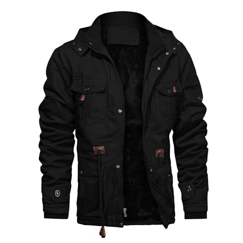 CHEXPEL Dicke Winterjacken für Herren mit Kapuze, Fleecefutter, Baumwolle, Militärjacken, Arbeitsjacken mit Cargotaschen, Outwear, Black-01, XXL von CHEXPEL