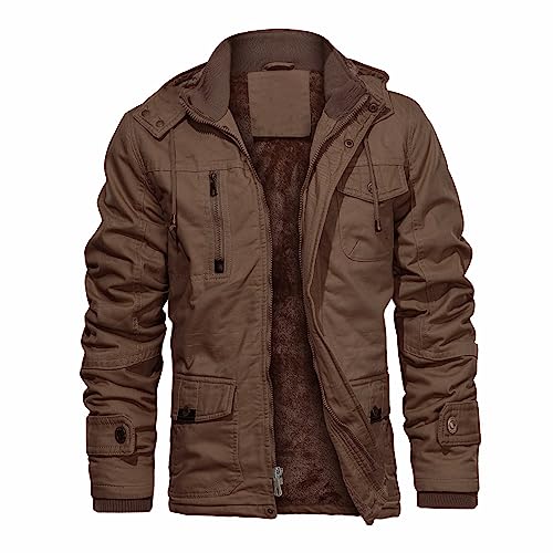 CHEXPEL Herren Dicke Winterjacken mit Kapuze Fleecefutter Baumwolle Militärjacken Arbeitsjacken mit Cargotaschen, Braun-02, X-Large von CHEXPEL