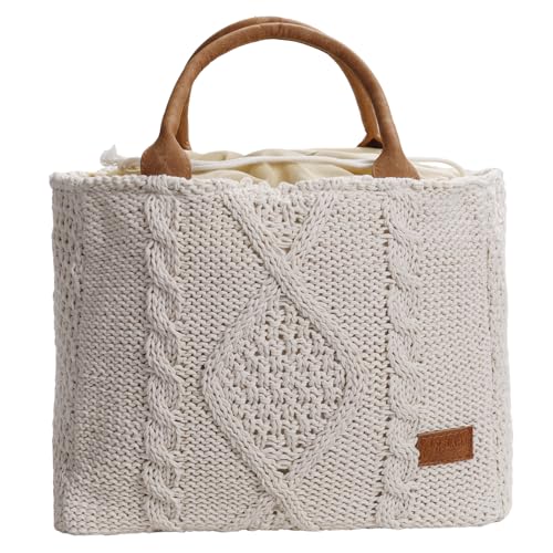 CHFLAME The Tote Bag Beige - Handtasche Damen Mittelgroß Handarbeit Damen Tasche mit PU Leder Griff Korbtaschen Geflochten Handtasche für Strand Reise Einkauf von CHFLAME