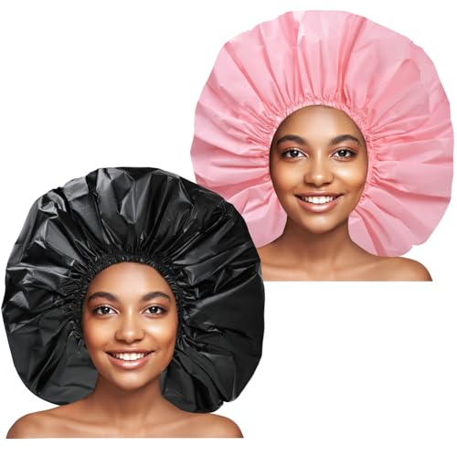 2 Stück Duschhauben für Frauen, elastische und wiederverwendbare Badekappen, doppelseitige wasserdichte Duschhaube, Badehaube, umweltfreundlicher Haar-Badehut – Schwarz + Rosa von CHFONG