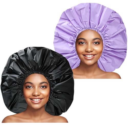 Duschhauben für Frauen, 2 Stück, elastische und wiederverwendbare Badekappen, doppelseitig, wasserdicht, Duschhaube, umweltfreundlicher Haar-Badehut – Schwarz + Lila Duschhauben für Frauen, 2 Stück, elastische und wiederverwendbare Badekappen, doppelseitig, wasserdicht, Duschhaube, umweltfreundlicher Haar-Badehut – Schwarz + Lila von CHFONG