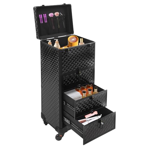 CHFUNE Kosmetikkoffer Damen, Schminkkoffer Beauty Make-up Case, abschließbar, Make-up Koffer aus MDF-Platte + Aluminiumrahmen 360° drehbare Rollen 34 x 27 x 73 cm,Schwarzer Wasserwürfel von CHFUNE